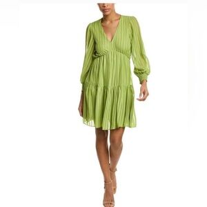 Maison Tara Chloe lime green Mini pleated‎ cuff sleeve v-neck Dress size 12 new